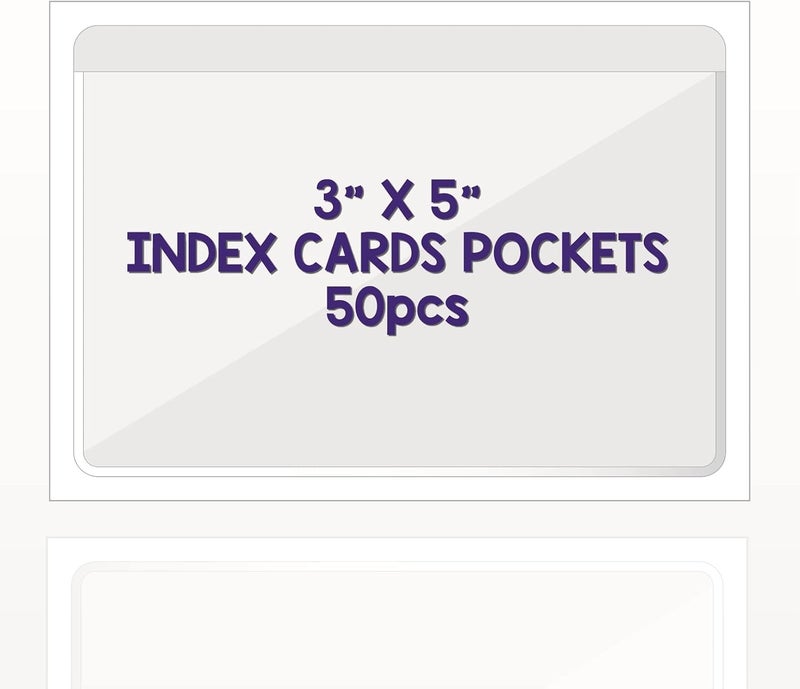 IMAGAME Clear Adhesive 3" x 5" Index Card Pockets With Top Open Loading, 50 Pack, Plastic Labels Holders for Storage Bins and Library, Ideal for Organizing and Protecting Your Cards - Image 1